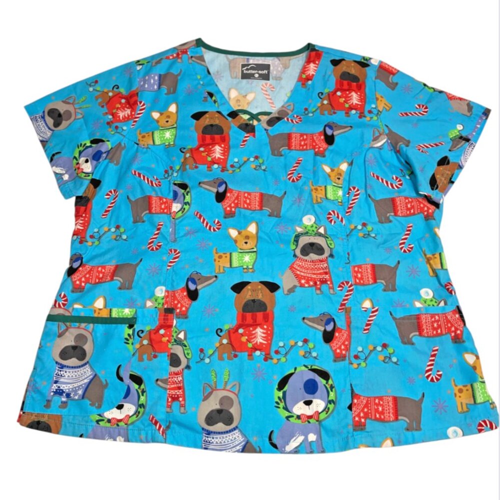 Buttersoft Dog Lover Dachshund Corgi Bulldog Blue Winter Holiday Scrub Top Sz XL